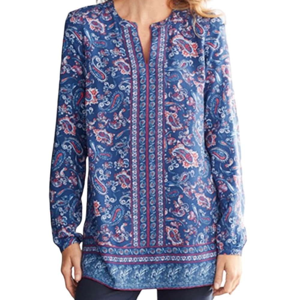 J. Jill Blue Paisley Print Long Sleeve Tunic Top Size Medium Tall - Picture 7 of 9